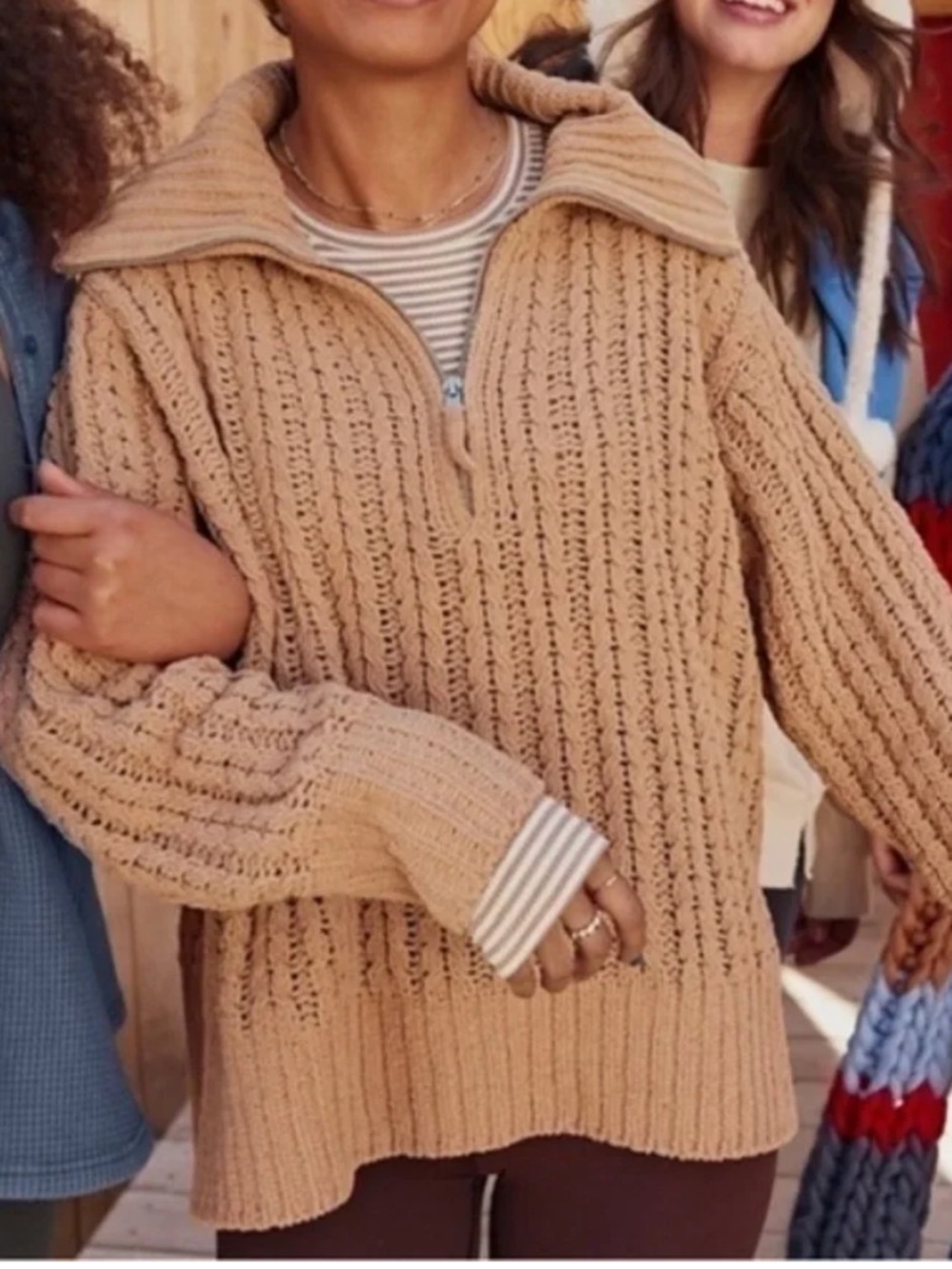 Aerie Brown Chunky Chenille Knit Cable Car Quarter-Zip Pullover Sweater